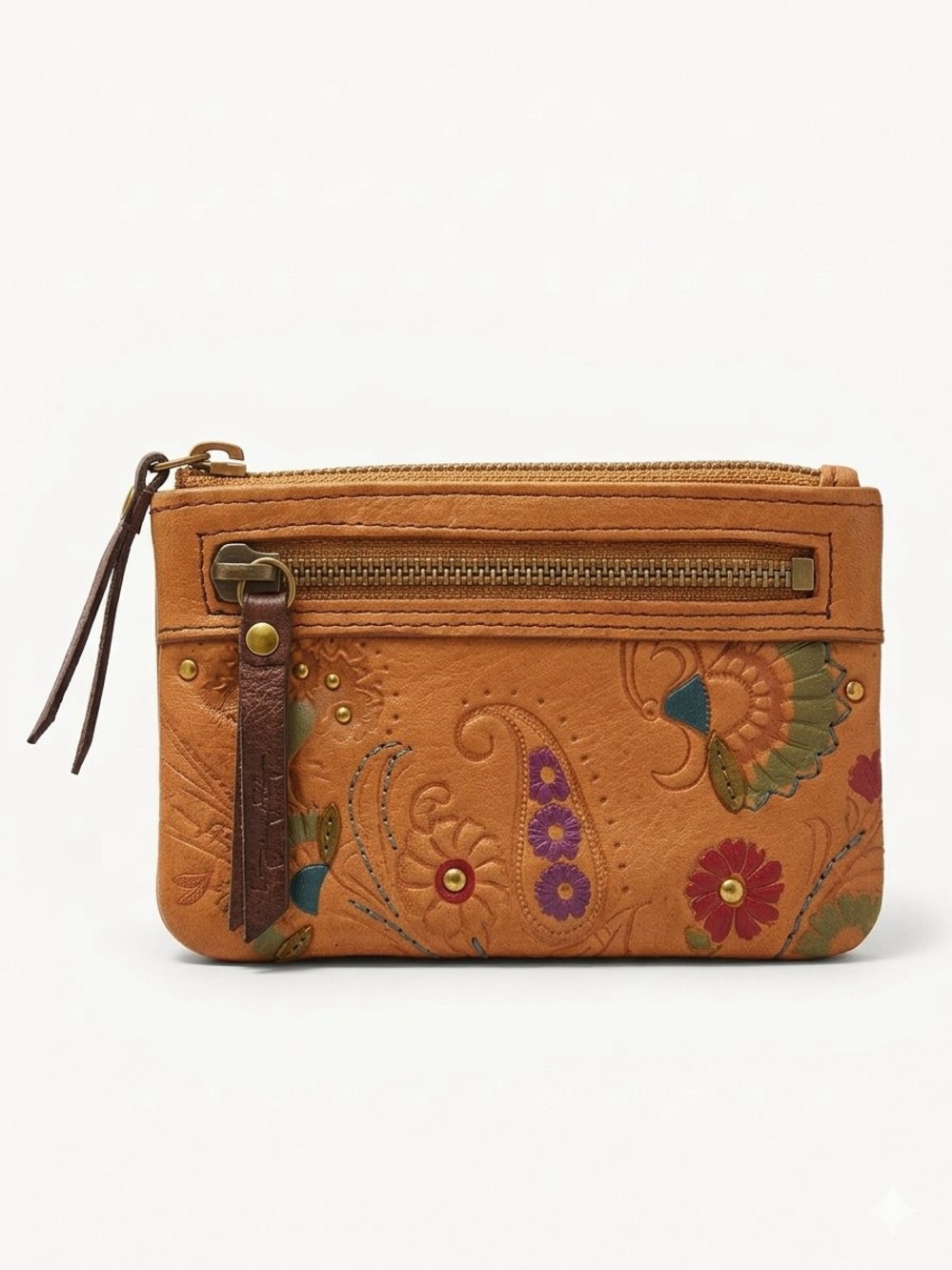 Vintage FOSSIL Tan Leather Pouch Wallet Tooled Paisley Floral Coin Purse Y2K